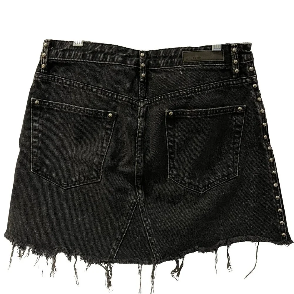 GRLFRND EVA STUDDED AND GUSSET A-FRAME BLACK DENIM MINI SKIRT, RAW EDGE, SIZE 29 - Picture 4 of 13